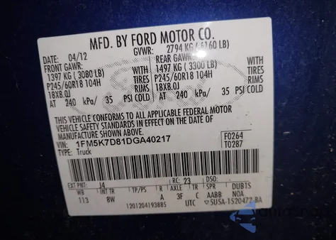 2013 Ford Explorer Xlt z USA, uszkodzony, nr VIN 1FM5K7D81DGA40217